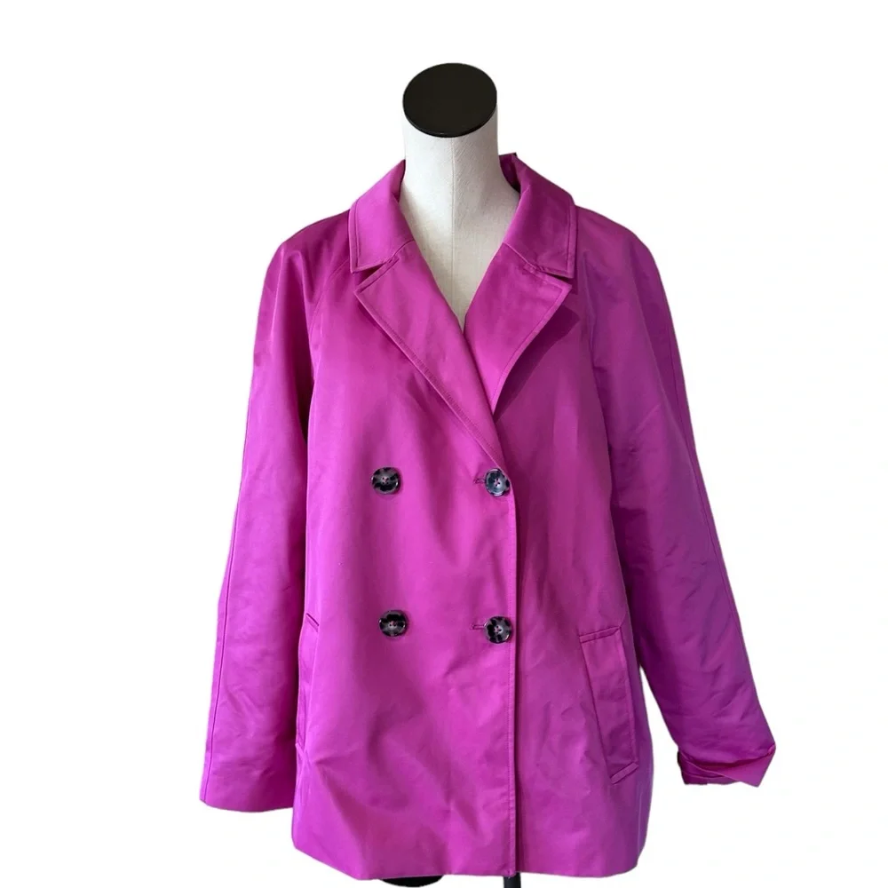 NWT Ellen Tracy Double-Breasted Raincoat In Color Fuchsia